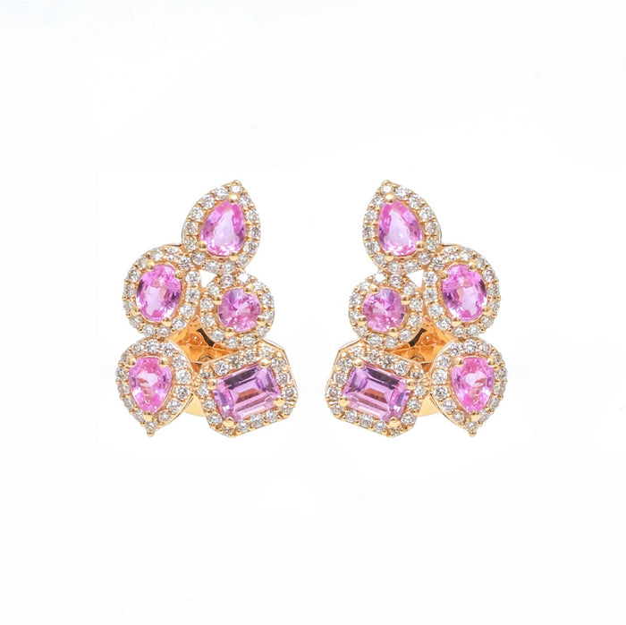 Pink Sapphire Cluster 14K (18K Custom) Natural Diamond Yellow Gold Stud Earrings