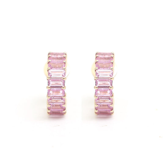 Baguette Pink Sapphire 14K (18k Custom) Rose Gold Hoop Earrings