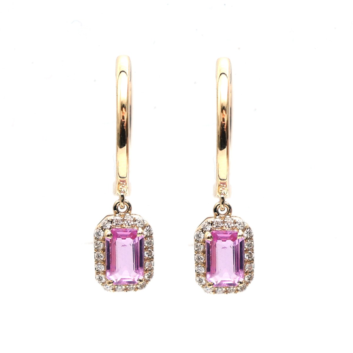 Pink Sapphire Halo 18K Natural Diamond Yellow Gold Drop Hoop Earrings