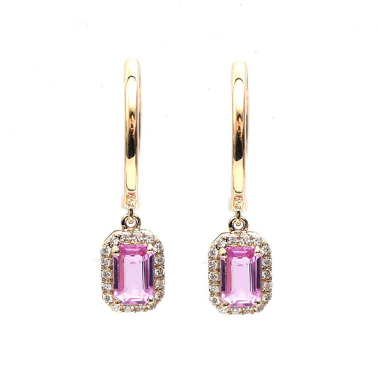 Pink Sapphire Halo 18K Natural Diamond Yellow Gold Drop Hoop Earrings