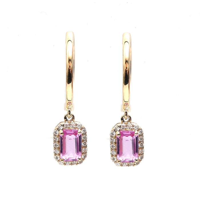Pink Sapphire Diamond Halo 18K Yellow Gold Drop Earrings