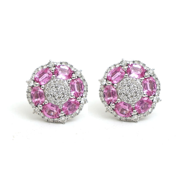 Pink Sapphire 18K Floral Cluster Natural Diamond White Gold Stud Earrings