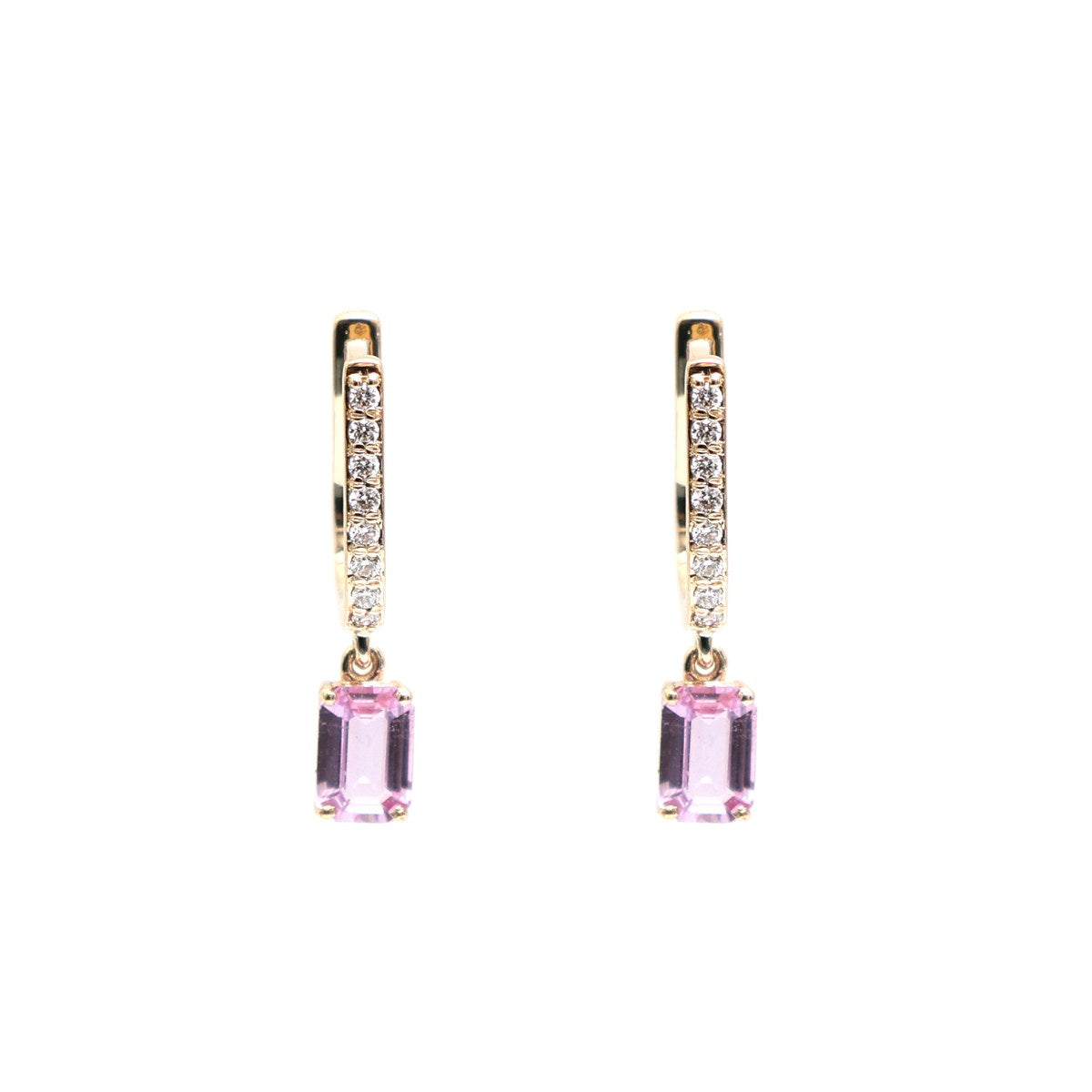 Pink Sapphire 18K Natural Diamond Yellow Gold Drop Hoop Earrings