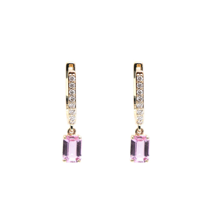 Pink Sapphire 18K Natural Diamond Yellow Gold Drop Hoop Earrings