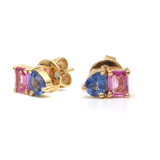 Pink & Blue Sapphire Two-Stone 18K Yellow Gold Stud Earrings