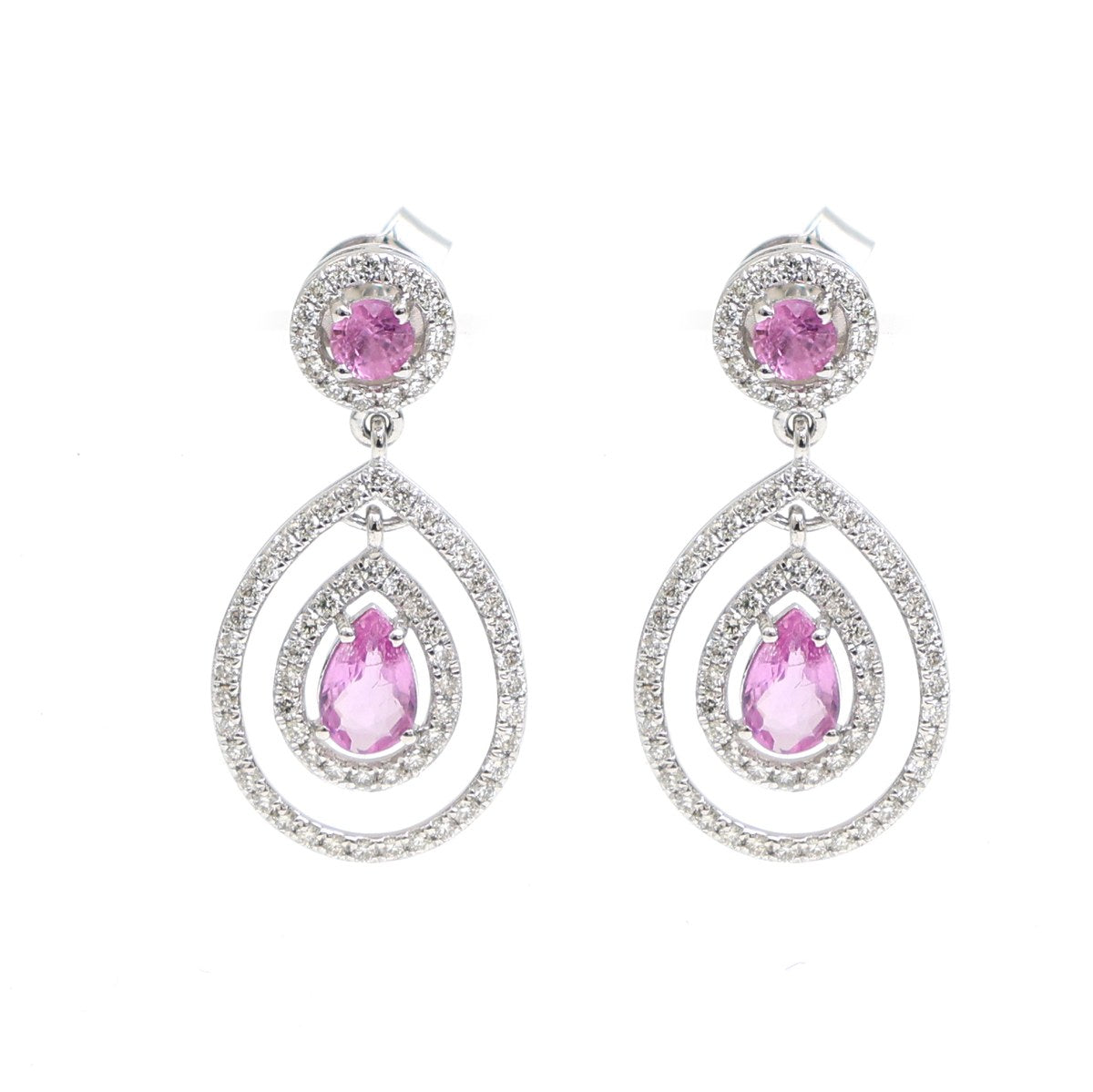 Blush Radiance Pink Sapphire & Natural Diamond Double Halo 18K White Gold Drop Earrings