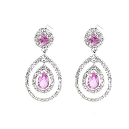 Blush Radiance Pink Sapphire & Natural Diamond Double Halo 18K White Gold Drop Earrings