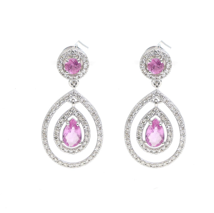 Blush Radiance Pink Sapphire & Natural Diamond Double Halo 18K White Gold Drop Earrings