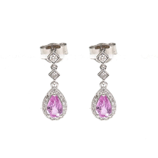 Pink Sapphire 18K Natural Diamond White Gold Halo Drop Earrings