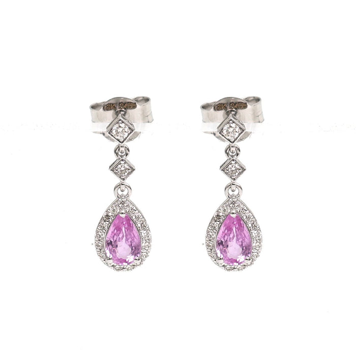 Pink Sapphire 18K Natural Diamond White Gold Halo Drop Earrings