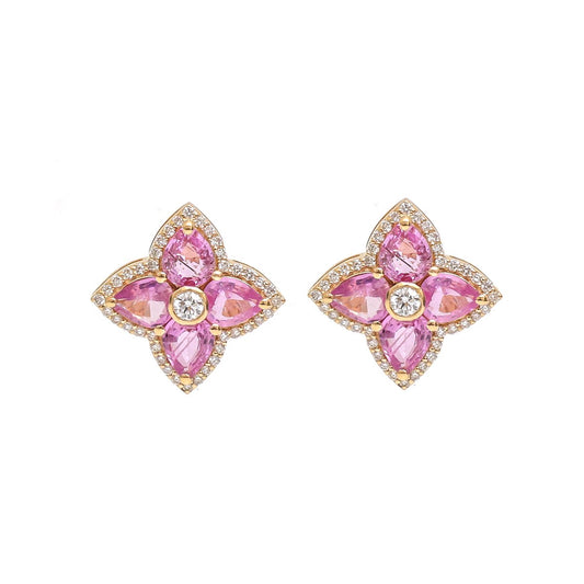 Pink Sapphire Floral Cluster 18K Natural Diamond Yellow Gold Stud Earrings