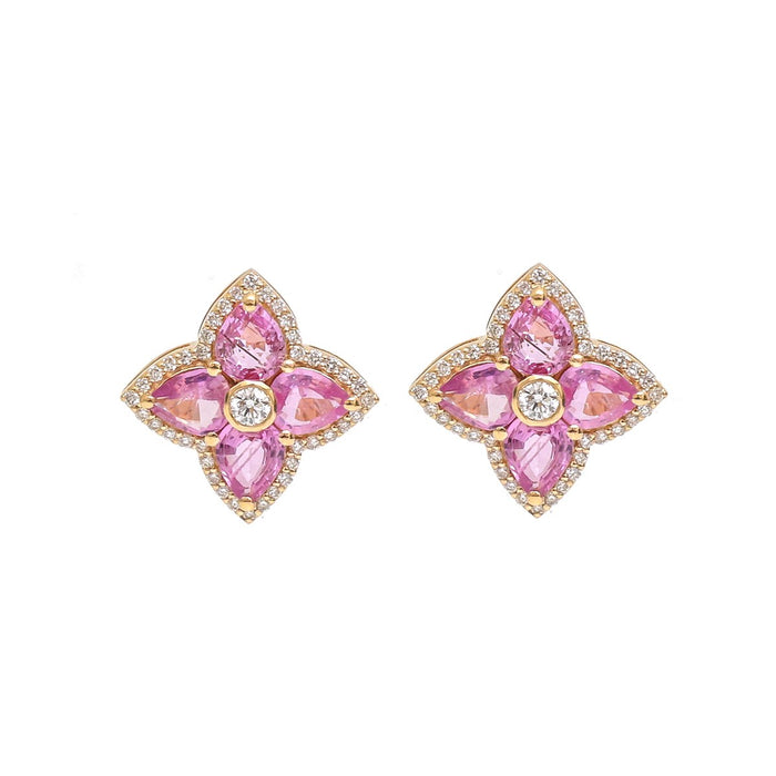 Pink Sapphire Floral Cluster 18K Natural Diamond Yellow Gold Stud Earrings