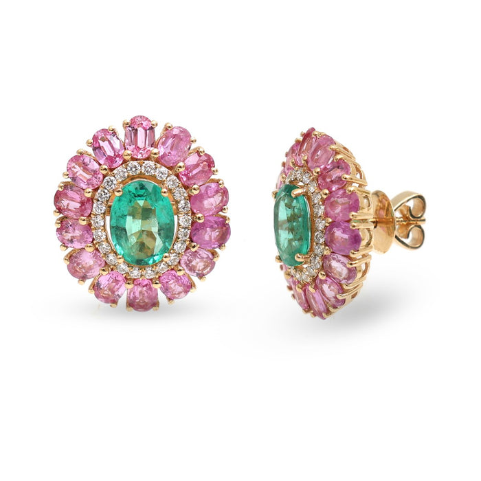 Emerald Pink Sapphire Floral Halo 18K Natural Diamond Yellow Gold Stud Earrings