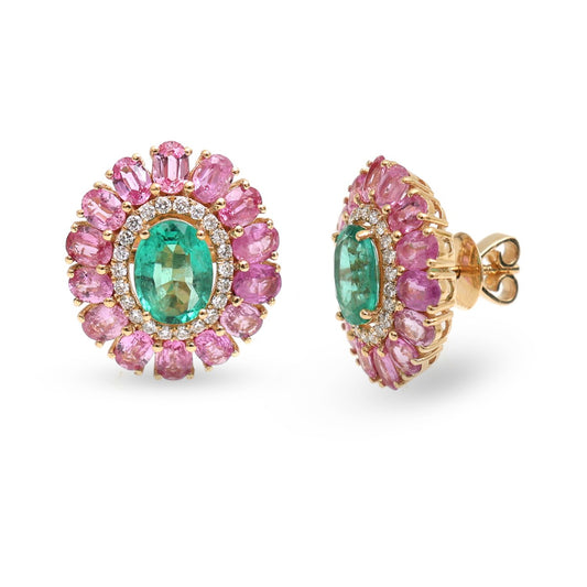 Emerald Pink Sapphire Bloom Halo 18K Natural Diamond Yellow Gold Stud Earrings