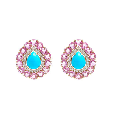 Turquoise Pink Sapphire Halo 14K (18k Custom) Diamond Yellow Gold Statement Stud Earrings