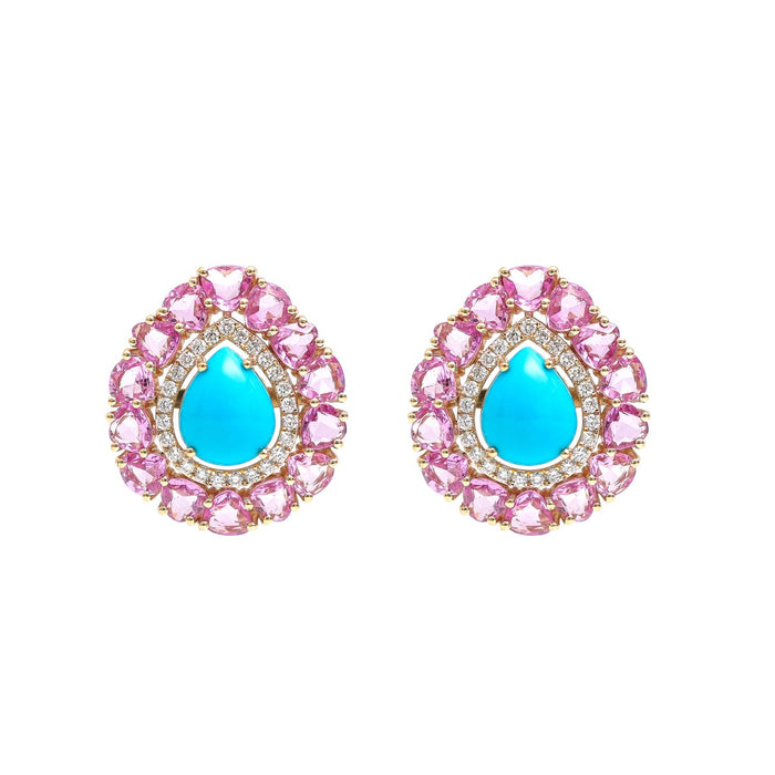 Turquoise Pink Sapphire Halo 14K (18k Custom) Diamond Yellow Gold Statement Stud Earrings