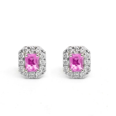 Pink Sapphire Radiance Halo 14K (18k custom)  Natural Diamond White Gold Stud Earrings
