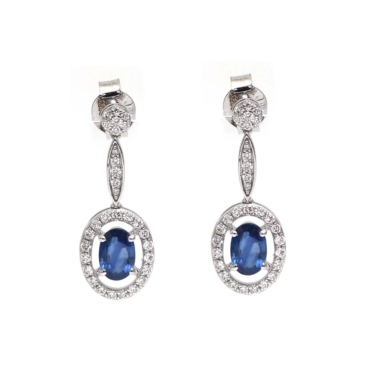 Blue Sapphire & Natural Diamond Halo Drop Earrings in 18K White Gold