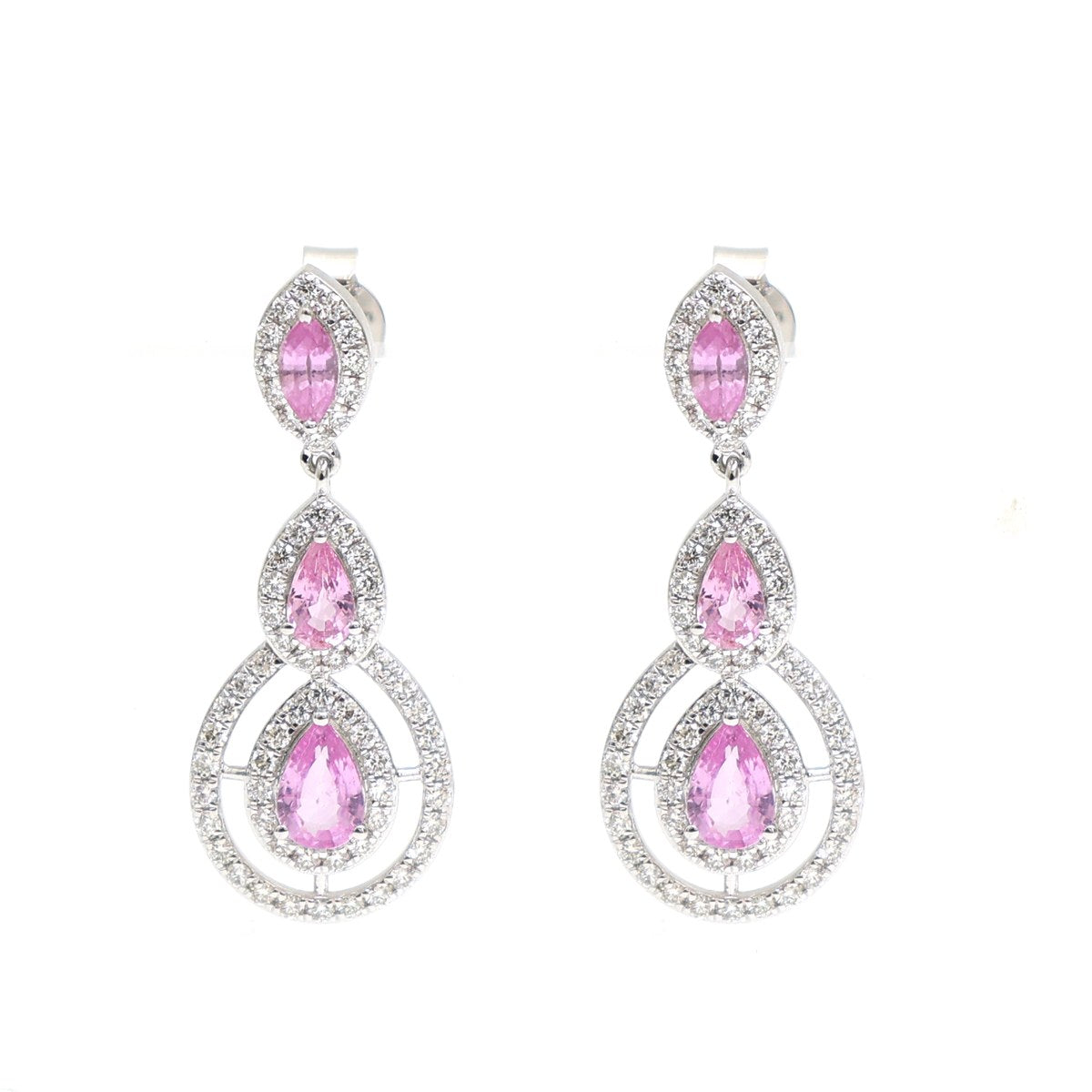 Pink Sapphire Triple Halo 18K Natural Diamond White Gold Drop Earrings