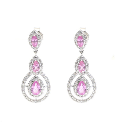 Pink Sapphire Triple Halo 18K Natural Diamond White Gold Drop Earrings