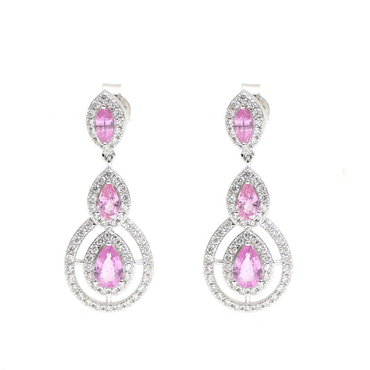 Pink Sapphire Triple Halo 18K Natural Diamond White Gold Drop Earrings