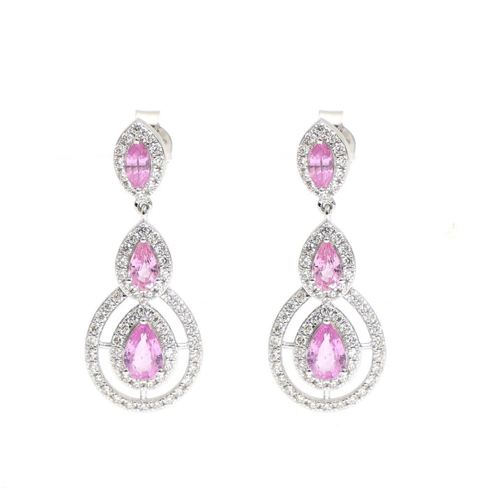 Pink Sapphire Triple Halo 18K Natural Diamond White Gold Drop Earrings