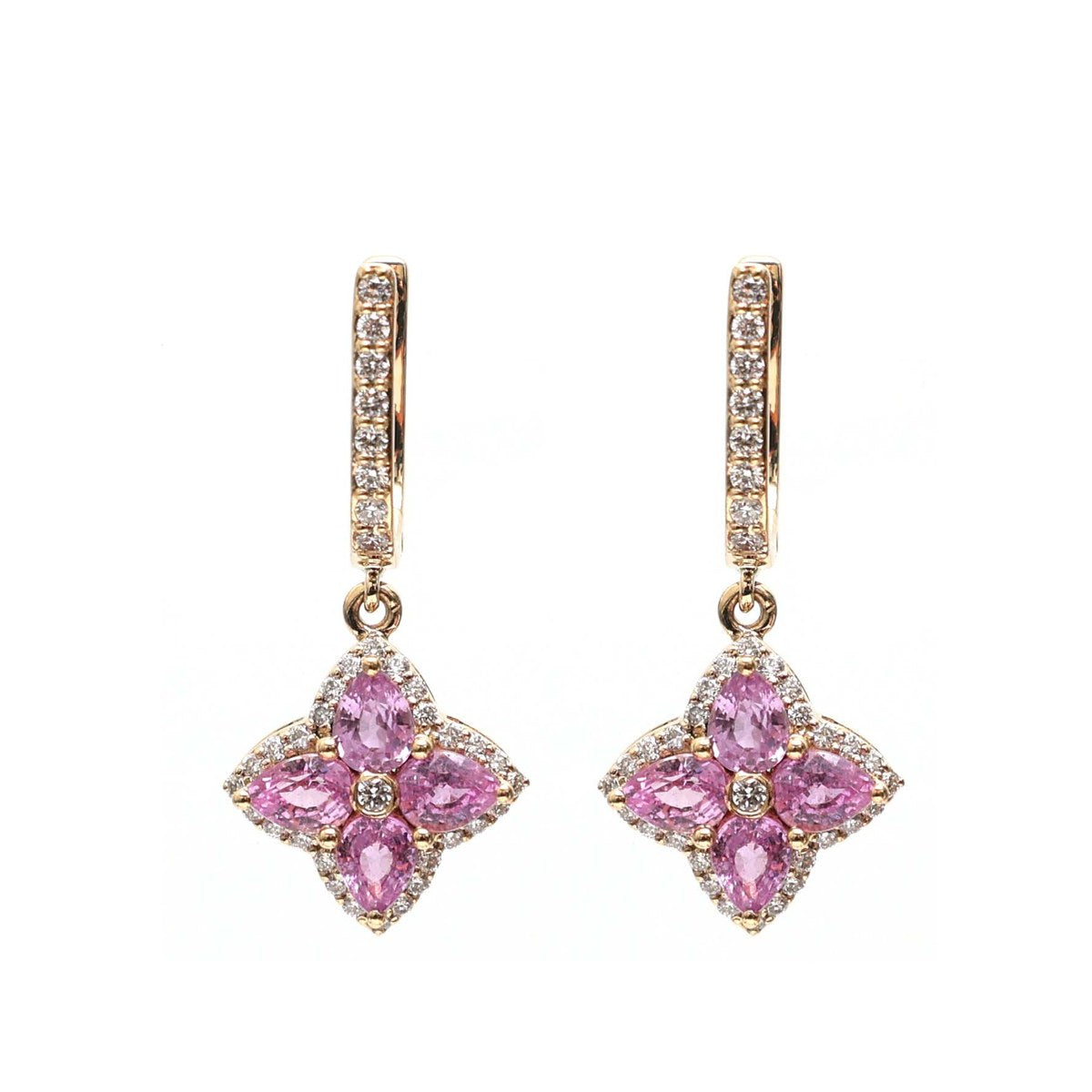 Pink Sapphire Blossom 18K Yellow Gold Drop Earrings