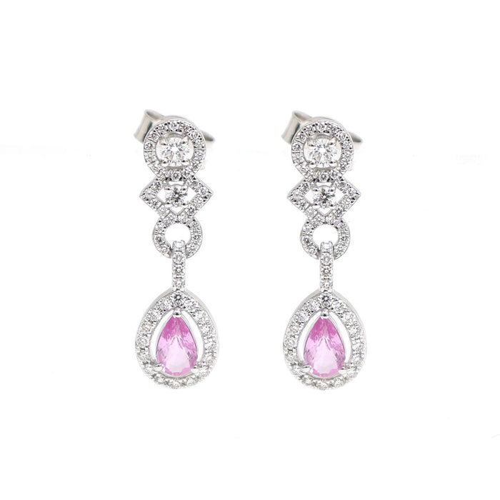 Pink Sapphire Celestine Halo 18K Natural Diamond White Gold Drop Earrings