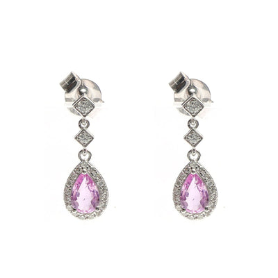 Pink Sapphire Aurora Halo 18K Natural Diamond White Gold Drop Earrings