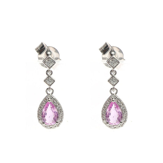 Pink Sapphire Aurora Halo 18K Natural Diamond White Gold Drop Earrings