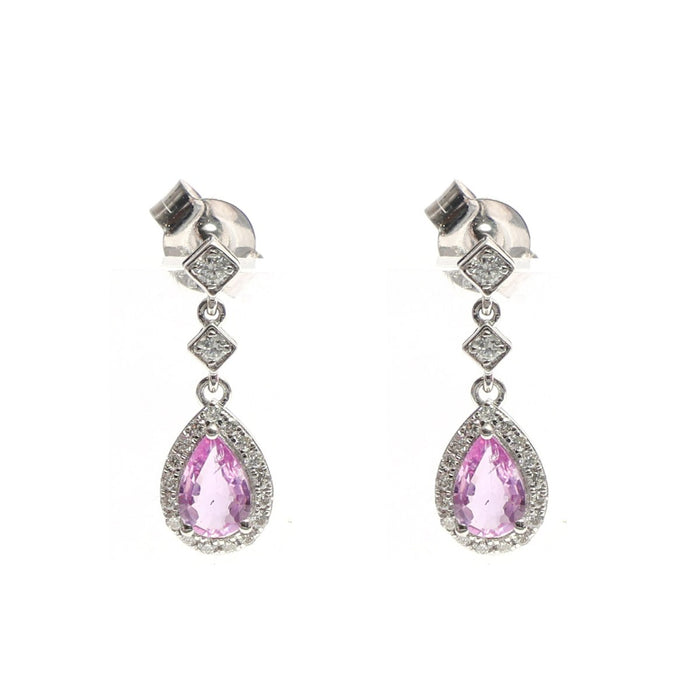 Pink Sapphire Aurora Halo 18K Natural Diamond White Gold Drop Earrings