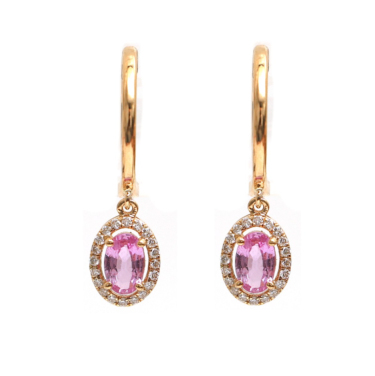 Pink Sapphire & Natural Diamond Halo Drop Hoop Earrings in 18K Yellow Gold