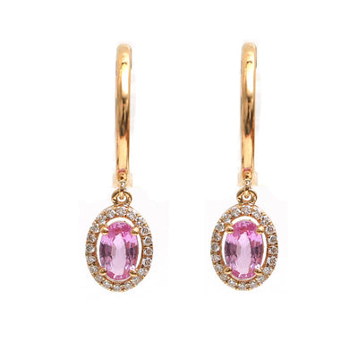 Pink Sapphire & Natural Diamond Halo Drop Hoop Earrings in 18K Yellow Gold