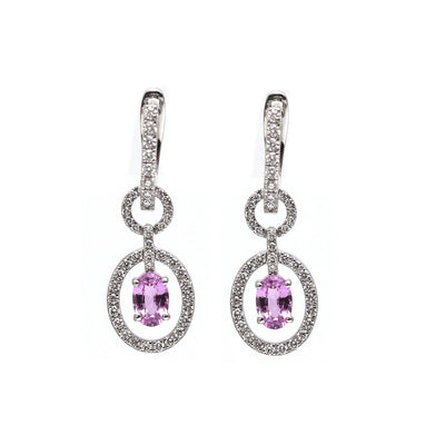 Pink Sapphire Aurora Halo Drop Earrings in 18K White Gold with Natural Diamonds