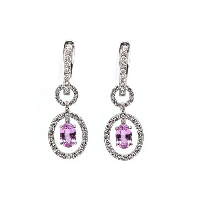 Pink Sapphire Aurora Halo Drop Earrings in 18K White Gold with Natural Diamonds