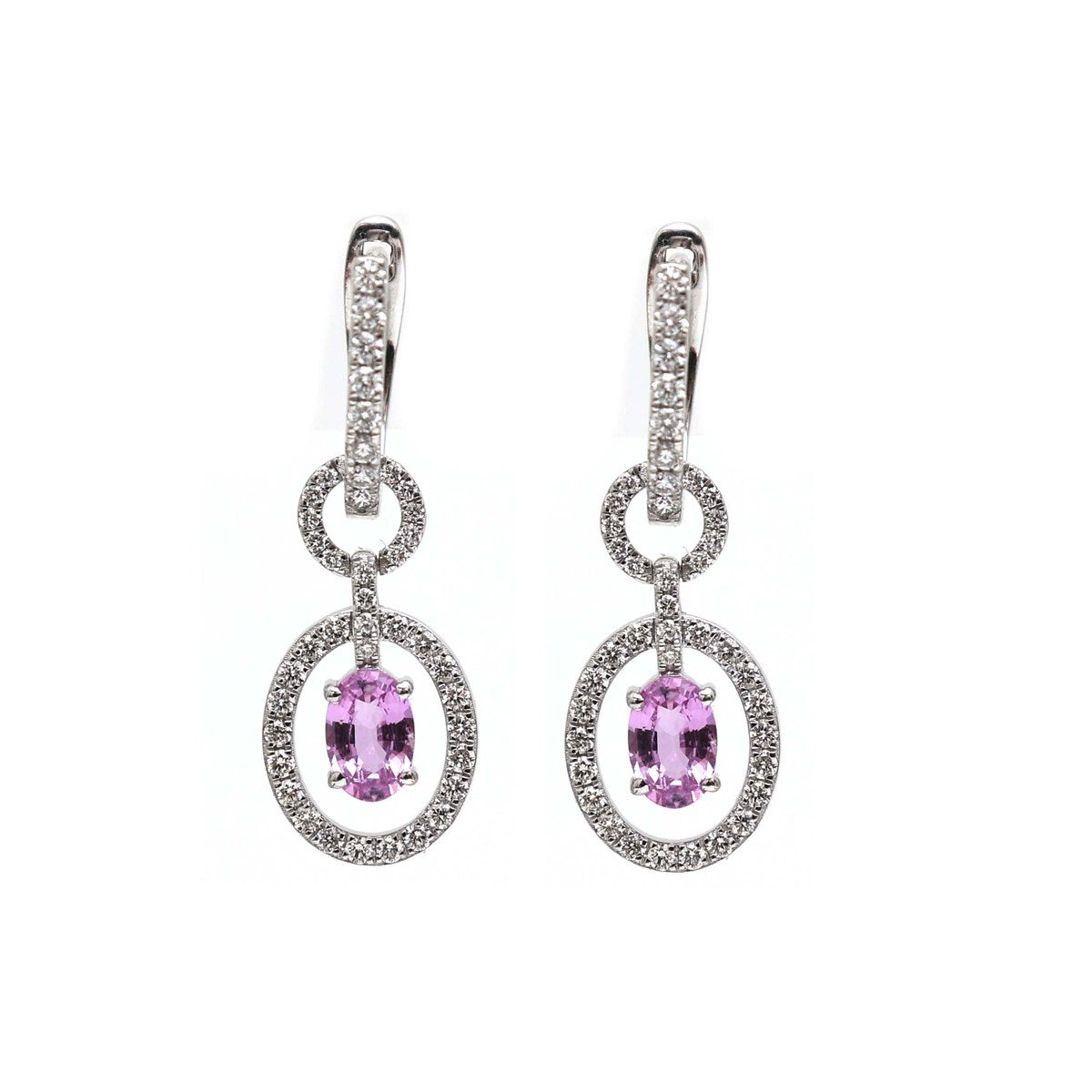 Pink Sapphire Starlight Halo 18K Natural Diamond White Gold Drop Earrings