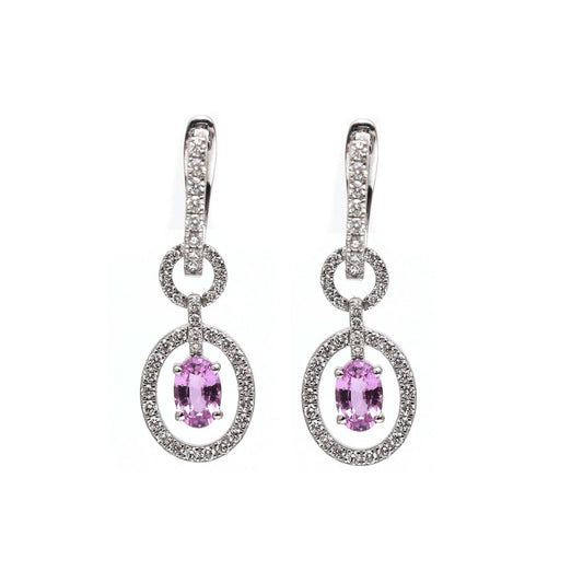 Pink Sapphire Starlight Halo 18K Natural Diamond White Gold Drop Earrings