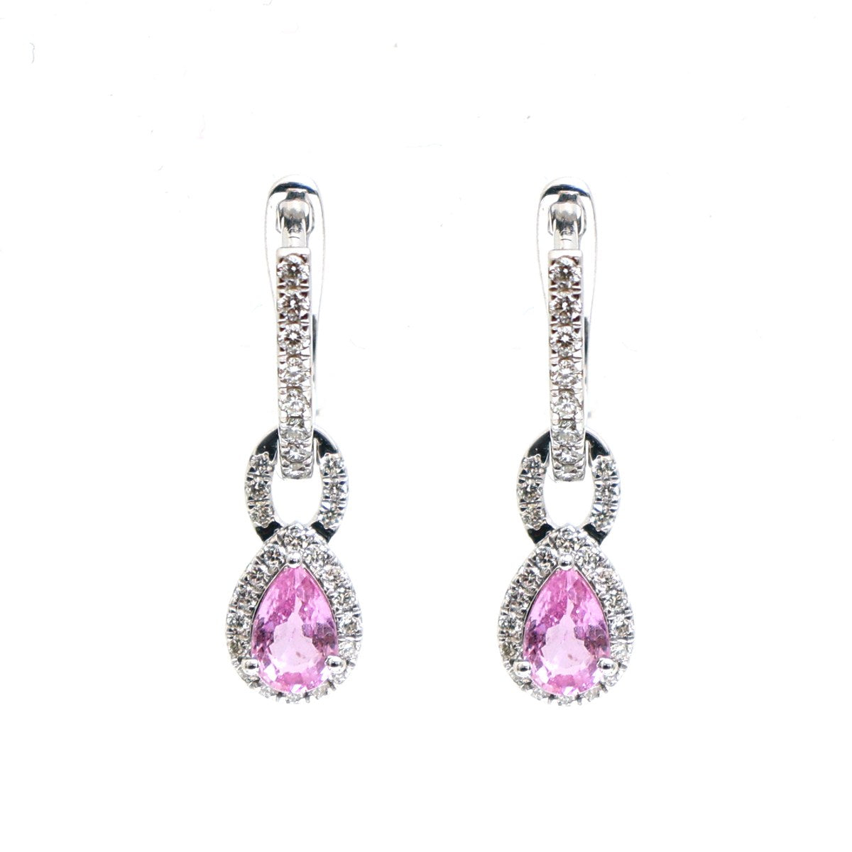 Pink Sapphire Halo 18K Natural Diamond White Gold Drop Earrings