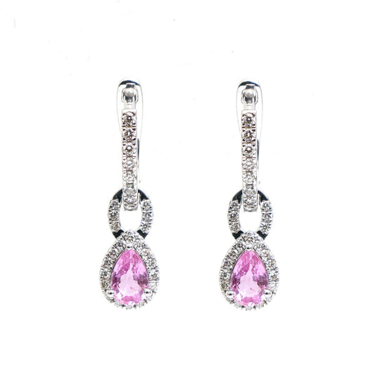 Pink Sapphire Halo 18K Natural Diamond White Gold Drop Earrings