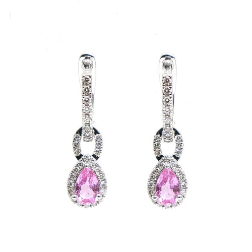 Pink Sapphire Celeste Halo 18K Natural Diamond White Gold Drop Earrings