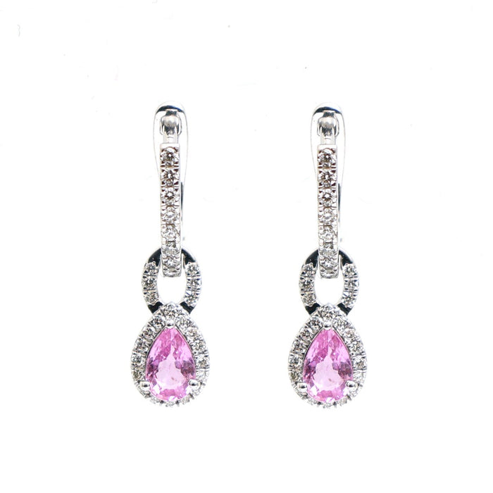 Pink Sapphire Celeste Halo 18K Natural Diamond White Gold Drop Earrings
