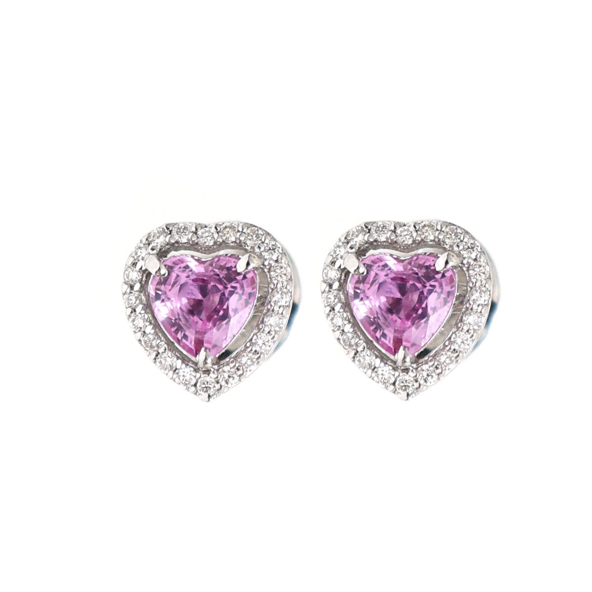 Heart Pink Sapphire Halo 18K Natural Diamond White Gold Stud Earrings