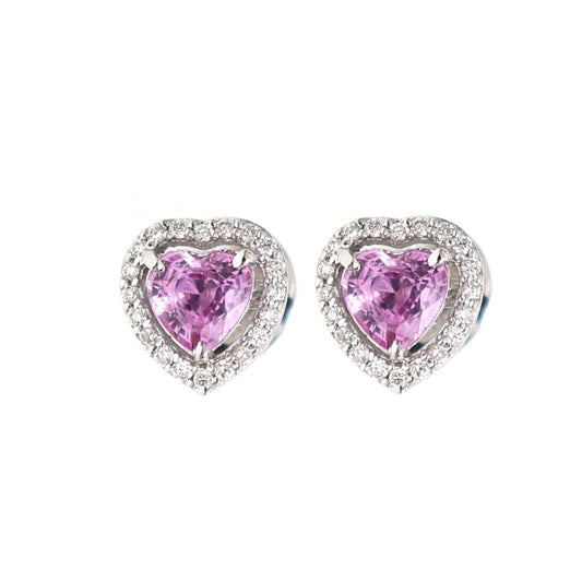 Heart Pink Sapphire Halo 18K Natural Diamond White Gold Stud Earrings