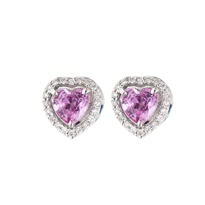 Heart Pink Sapphire Halo 18K Natural Diamond White Gold Stud Earrings