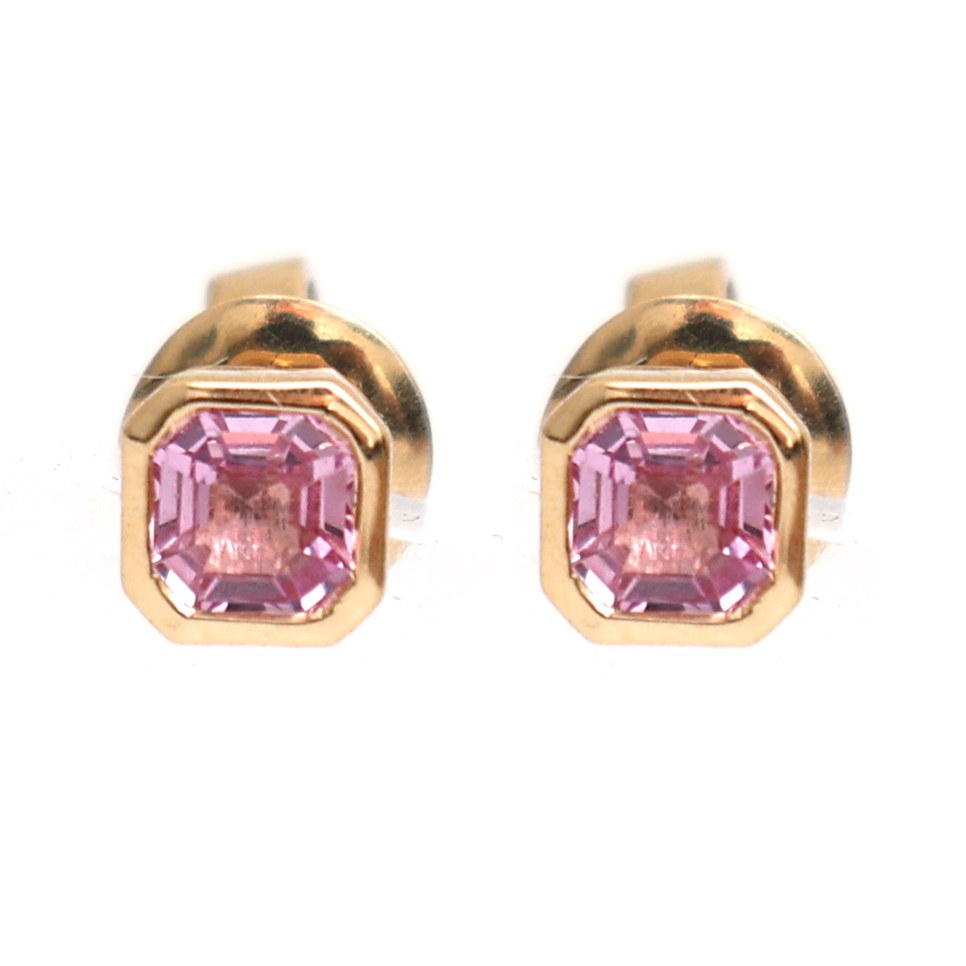 Asscher Cut Pink Sapphire 18K Yellow Gold Solitaire Stud Earrings