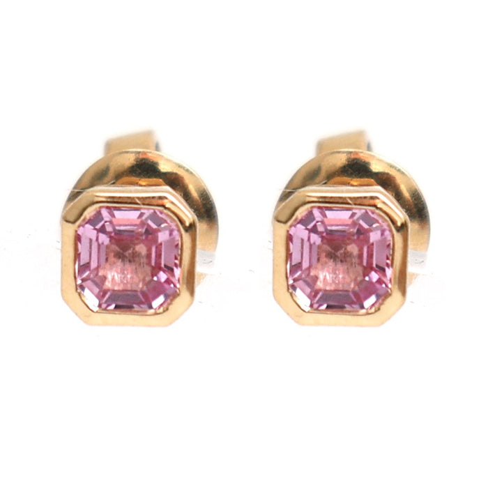 Asscher Cut Pink Sapphire 18K Yellow Gold Solitaire Stud Earrings