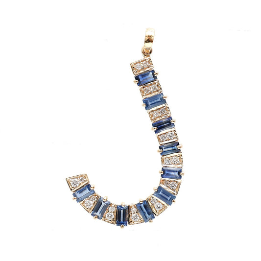 Blue Sapphire Diamond 14K (18k Custom) Yellow Gold Horseshoe Pendant Necklace