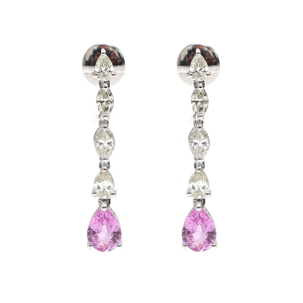 Pink Sapphire Graduated 18K Natural Diamond White Gold Drop Earrings