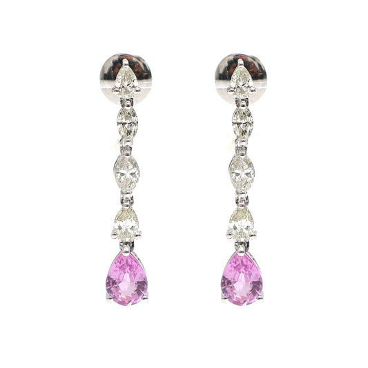 Pink Sapphire Graduated 18K Natural Diamond White Gold Drop Earrings