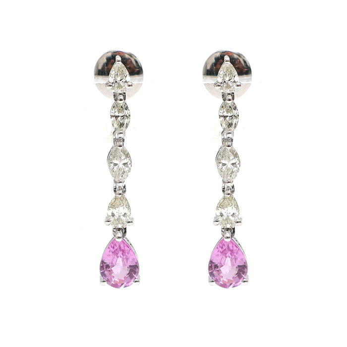 Pink Sapphire Graduated 18K Natural Diamond White Gold Drop Earrings